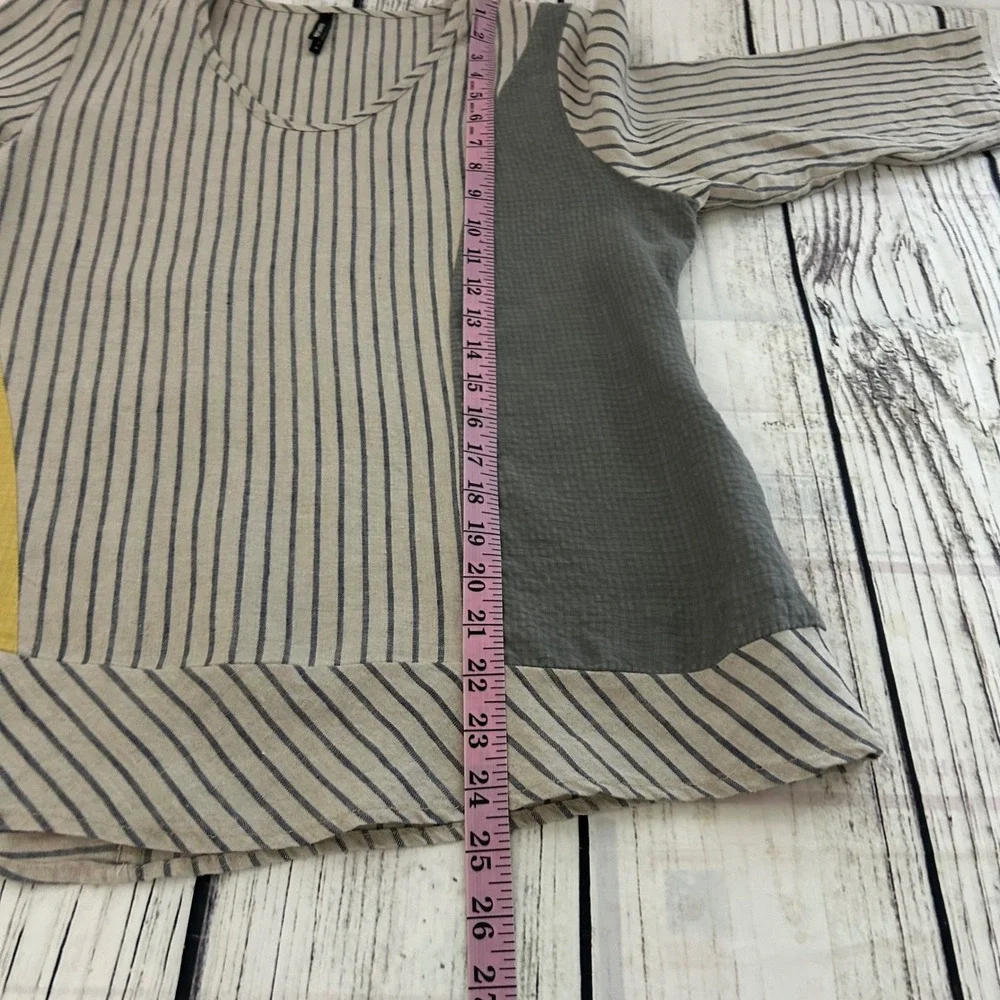 Khangura Womens 100% Linen Striped Color Block V-Neck 3/4 Sleeve Top S‎ Artistic